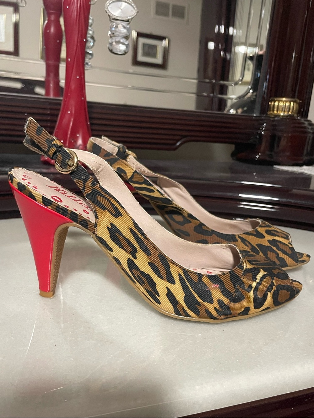 Women's Leopard Print Slingback Heels with Red Heel